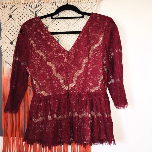 Anthropologie Wine Red Lace Peplum Top - Picture 7 of 7